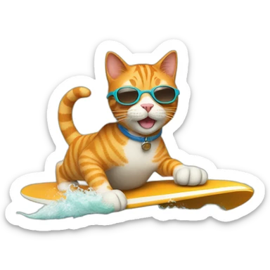 A ginger cat with sunglasses surfing waves sticker