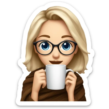 Balayage short hair Girl drinking coffee, with a cozy blanket wearing glasses with blue eyes beautiful  sticker