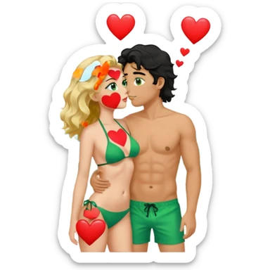 Blonde girl Green eyes wavy hair Green Bikini whole body Kissing man black Hair blue eyes Hearts in Body Background beach sticker