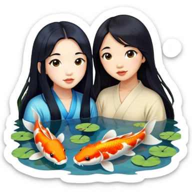 two asian girls long hair koi pond sticker