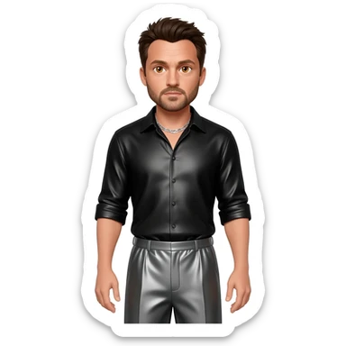 Ben Affleck with hazel eyes, dark brown hair, black metallic shirt, charcoal metallic baggy pants, silver necklace sticker