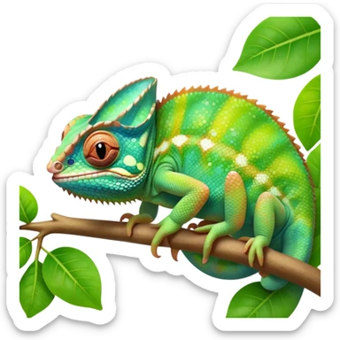 cinematic cute-smiling baby chameleon-realistic emoji,-blending-with-vibrant-greenery.-detailed-scales-in-shifting-colors,-showing-the-chameleon’s-ability-to-camouflage.-soft-natural-light-highlights-its-texture.-light-background, zoomed into its face sticker
