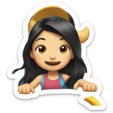 Asian girl long dark hair on a roller coaster with stitch sticker