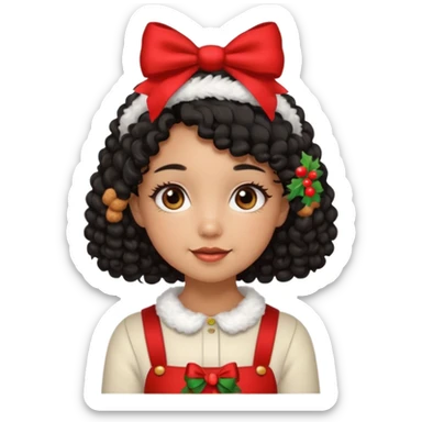 cute girl tan skin, curly black hair chin length, middle part, long eyelashes, cute cheeks, 5'2, outfit croquette style with bows and christmas theme sticker