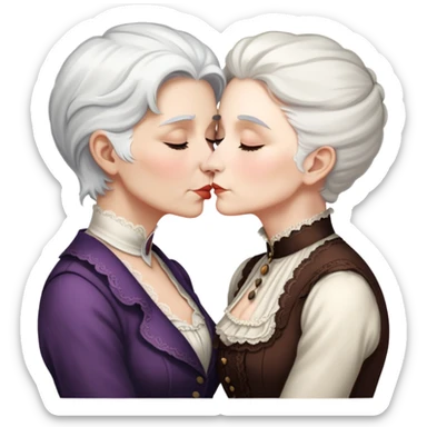 lesbian kiss between an older victorian woman with white hair and a younger brunette woman sticker