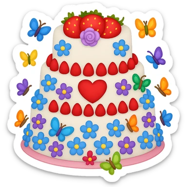 Add small colorful butterflies to the white wedding cake with strawberries, blue and purple flowers, heart topper. Style: emoji style. Remove background. sticker