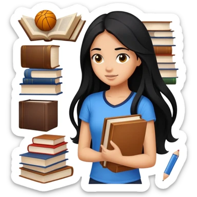 differemt girlhood hobbies floating back ground, books, art, and sports, tanned long black hair sticker