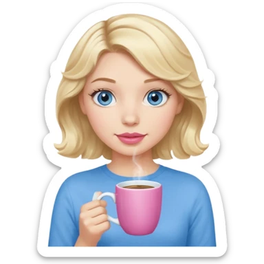Girl Blonde short wavy hair,  blue eyes, cute blue top, long lashes, pink lips, holding coffee mug sticker
