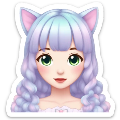 Gorgeous pastel anime style lady with blushing face and cat ears cottagecore fairycore pastelcore colorful pearly romantic simplistic aesthetic trending style sticker