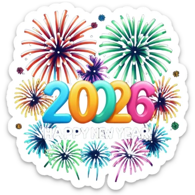 "Happy New Year 2026" in backdrop of colourful fireworks in outline  sticker
