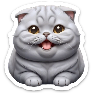 Cinematic Cute Chubby Grey Scottish Fold Cat Portrait Emoji, Adorable folded ears framing its round face, head tilted playfully and yawning, round and plump body with sleek soft grey fur and subtle blue undertones, Simplified yet adorable features, highly detailed, glowing with a warm, friendly glow, high shine, curious yet calm, stylized with a touch of whimsy, bright and endearing, soft glowing outline, capturing the essence of a mischievous yet loving and lazy kitty with those signature folded ears, so cute it feels like it could stretch out of the screen and cuddle! sticker