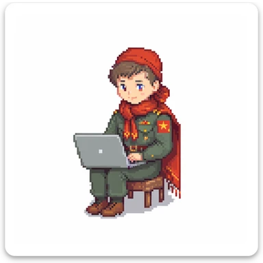 Young Soviet pioneer with red scarf and uniform using a laptop sticker