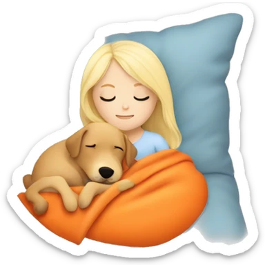 White blonde girl who sleeping peacefully with his orange dog in a bed with pillow and a blanket sticker