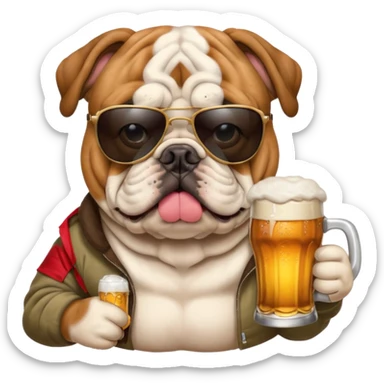 English bulldog wearing sunglasses holding a beer sticker