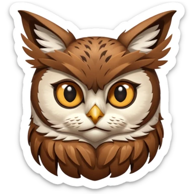 An cats head with a brown on top of the head of the cat the cats head infused with an white owls fulls body with brown wings sticker