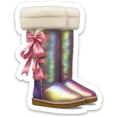 Tall Pair of iridescent fur Ugg boots with silk ribbon bow. sticker