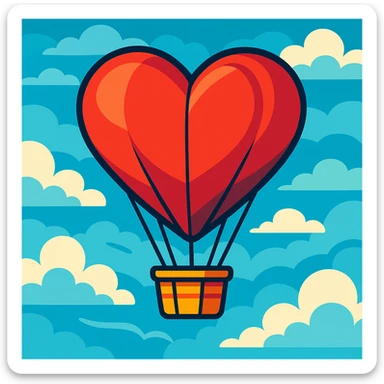 heart-shaped hot air balloon floating in the sky, vibrant toon style sticker