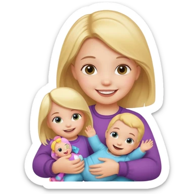 Toddler girl – holding a doll with a smile. sticker