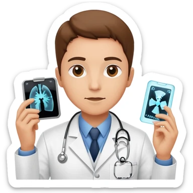 A medical professional in a white lab coat examining an X-ray film, wearing a radiation badge sticker