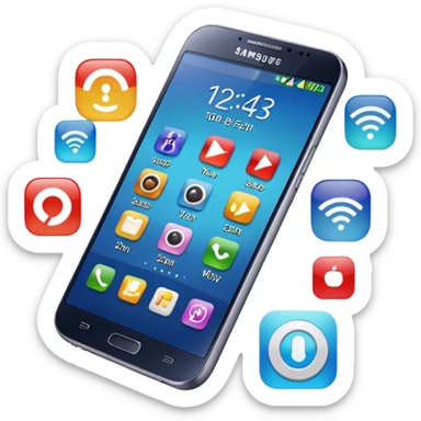 Samsung Galaxy phone with app icons, time, Wi-Fi sticker