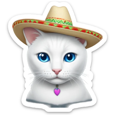 White cat blue eyes wearing Mexican sombrero one ear showing sticker