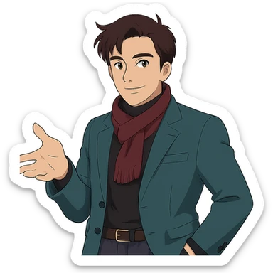 Dress the man in a more stylish, fashionable outfit in Ghibli style, with no background. sticker