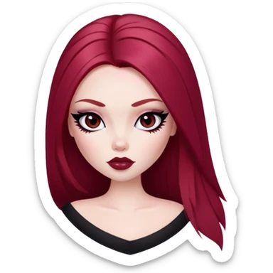 straight long wine red hair, pale skin, dark black eyes, pretty bratz baddie, black eyeliner, blush sticker
