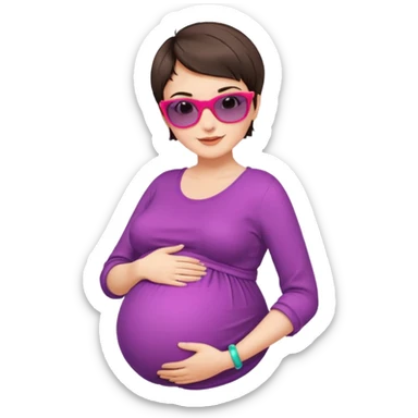 pregnant stylish woman with short pixie brunette hair happily touching her big belly while wearing fashionable clothes and colorful shades sticker