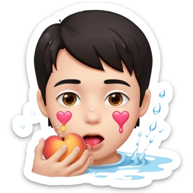 Cute boy, light pink eyes, grown out dark hair, eating a peach, pink hearts floating , water dripping from mouth sticker