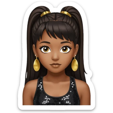 Left Eye from TLC with long dark brown ponytail hair, black sequin crop top, black earring sticker