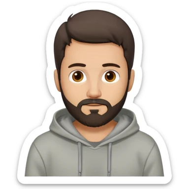 Uomo adulto con la barba capello moro occhi marroni metà busto e vestito con una felpa grigia e maglietta bianca sticker