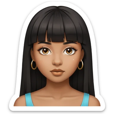 brownskin girl, beautiful girl, black straight hair with bangs above eyebrowns, nose piercing sticker