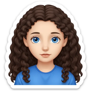a girl with long dark brown slightly curly hair that starts at the level of her ears, and blue eyes sticker