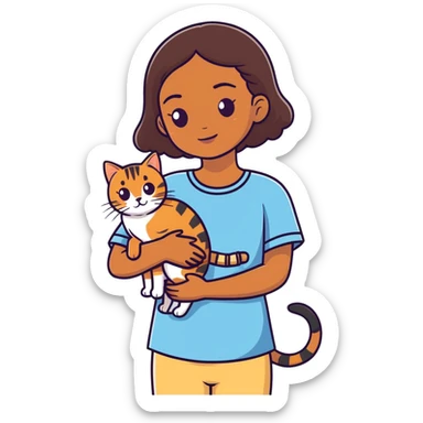 Brown girl holding tabby cat sticker