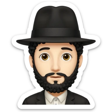 Stereotypical jewish man, rabbi, with curly hair and a hat sticker