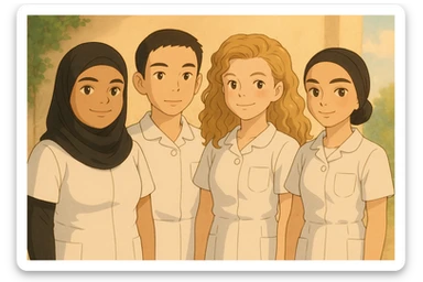 Illustration style Ghibli of four nursing students standing side by side, warm atmosphere, wearing short-sleeved white uniforms without undershirts or stethoscopes, resembling the four people in the provided photos. sticker