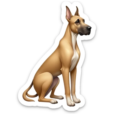 cinematic-[fawn great dane]-realistic-full-body-sitting-emoji,-tail-resting-loosely-beside-its-paws,-head-tilted-dramatically, ears down-sleek-[fawn]-fur,-simplified-yet-realistic-focused-features,-highly-detailed,-glowing-with-an-almost-sarcastic-glow sticker