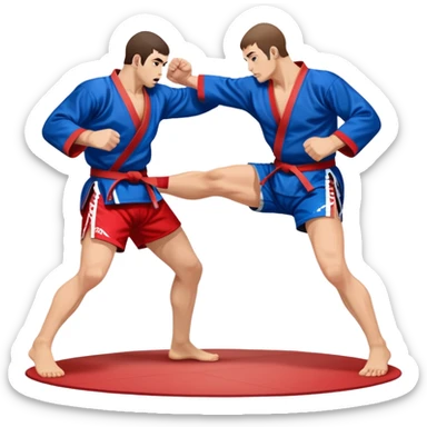 Two Sambo fighters in blue and red kimonos, with shorts and wrestling shoes, performing grappling and throwing techniques. The background shows a wrestling mat and an intense, focused atmosphere. Transparent background highlights the fluidity and skill of the sport without strikes. sticker