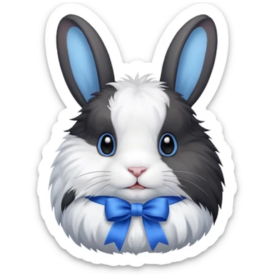 a white and black realistic domestic rabbit with a blue ribbon on its neck sticker