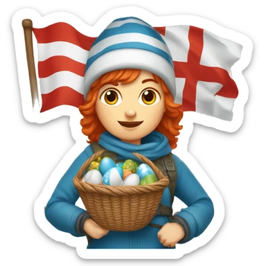 red hair female winter mountaineer offering red Easter basket and Greek flag sticker