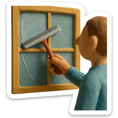 claymation style window being cleaned, visible fingerprints, pastel colors, squeegee sticker