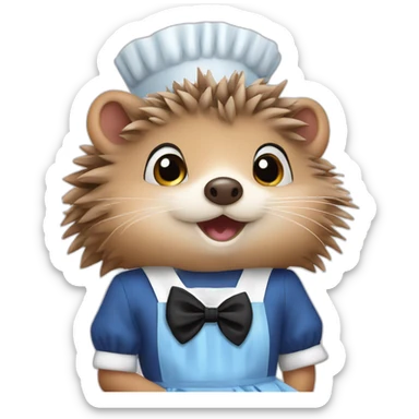Hedgehog wearing a blue maid dress with a black bow and apron sticker