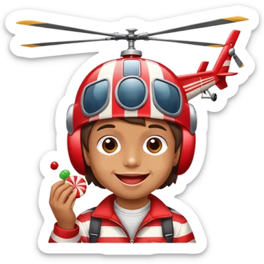 happy kid with helicopter hat eating a candy sticker