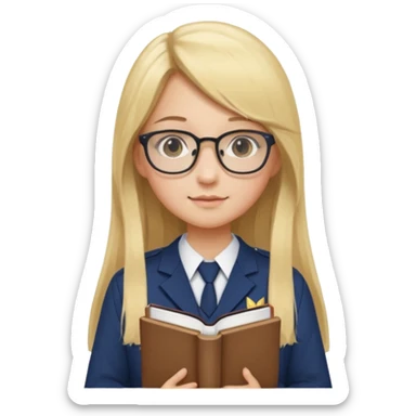 Girl student wearing uniform, glasses, hold book in front of their chest, blonde long straight hair, white skin sticker