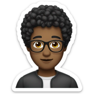 curly short black-haired man wearing square glasses white skin sticker