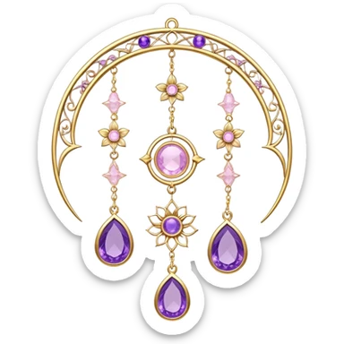 Epic Hanging gold suncatcher, threads with shiny sparkly amethyst and rose-quartz gemstones, flowers, crescents-moons sticker
