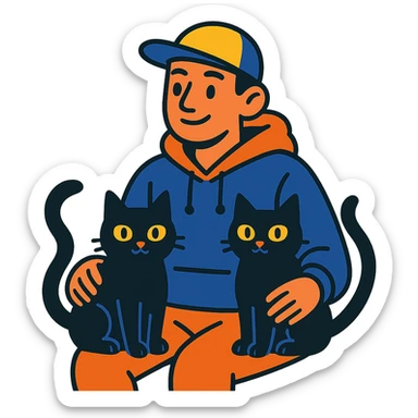 guy with a cap and hoodie, two black cats on his lap sticker