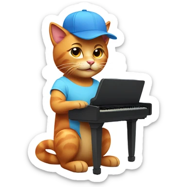tan-red cat wearing a light-blue t-shirt and a blue base cap taps musical keyboard sticker