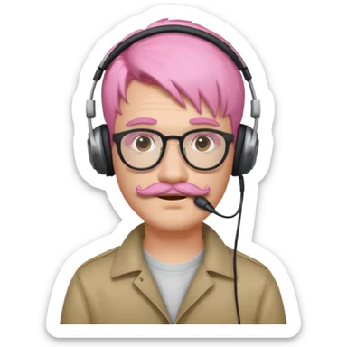 just headphone and spectacles, mustached pink hair guy, no mic, sticker