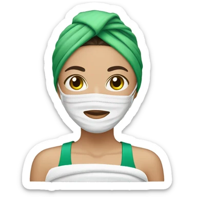 Woman with dark hair wearing spa head towel and green face mask sticker